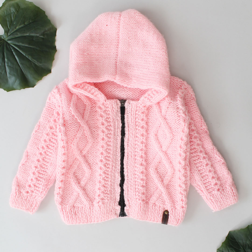 Baby Pink Cable Kint Emboidery Hooded Sweater 